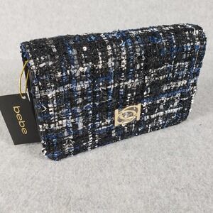 Bebe Office Siren Tweed Clutch Crossbody Bag Gold‎ Chain Black Blue White Chic